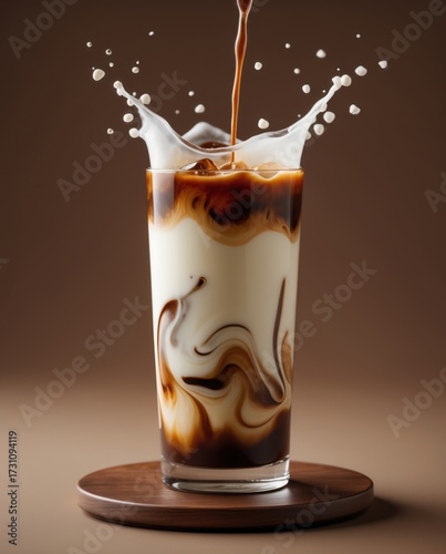 Tall glass iced coffee, ice cubes, freshly brewed espresso poured over milk
