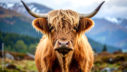 Highland cow portrait in natural landscape