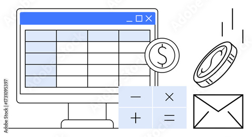 Computer monitor displaying spreadsheet, calculator with basic math symbols, coins, and envelope. Ideal for budgeting, analytics, accounting, financial management, data organization payroll simple