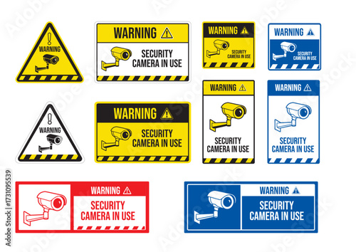 Set of warning signs featuring security camera icons and alerts for surveillance in various colors and shapes
