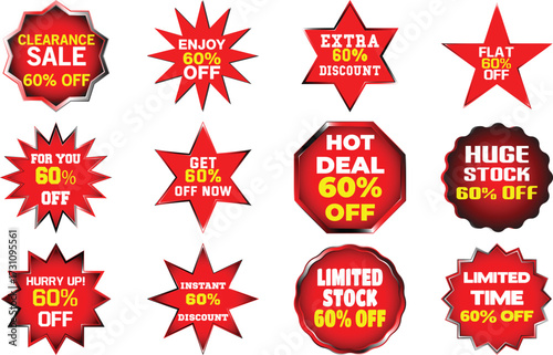 Collection of twelve red and yellow sale discount tags and labels percent sixty