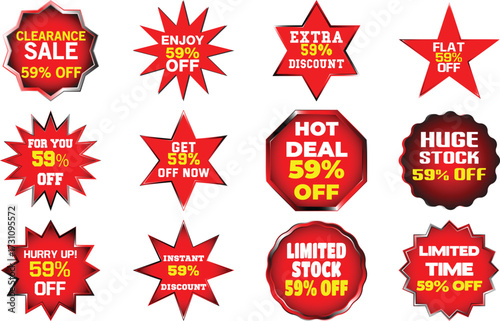 Collection of twelve red and silver sale discount badges and stickers with 59 percent off text offer