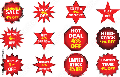 Collection of twelve red sale discount tags and labels with text and four percent off offer