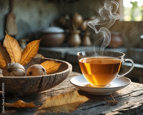 Wallpaper Mural Clear glass cup with warm golden tea, steam rising, rustic wooden bowl with dried loquat leaves and monk fruit Torontodigital.ca