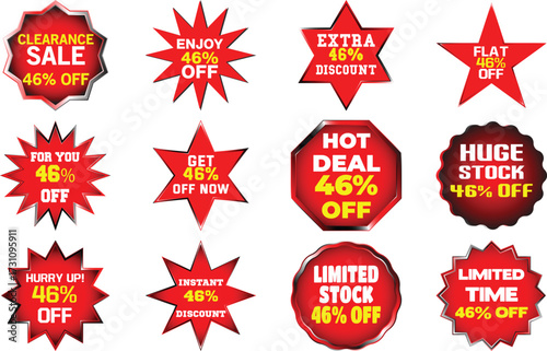 Collection of twelve red and silver sale discount badges with 46 percent off text vector