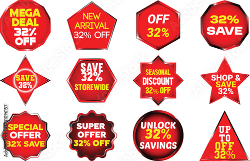 Collection of twelve red and yellow sale discount tags and labels with various shapes and text offer