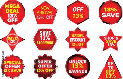 Collection of twelve red sale discount badges and labels with text and 13 percent off offer save