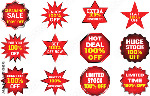 Collection of twelve red and yellow sale discount badges with text percent