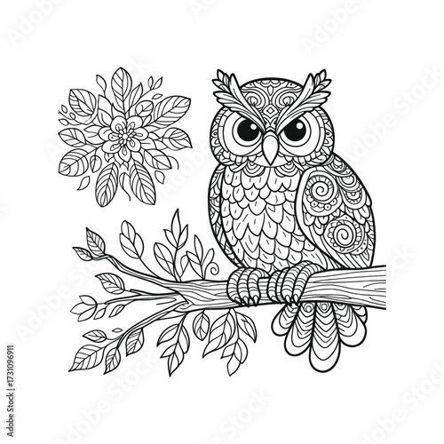Intricate owl illustration perched on a branch with leaves