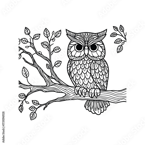 Intricate owl illustration perched on a branch