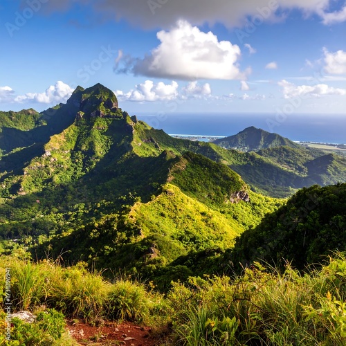 Lush mountain vista overlooking ocean