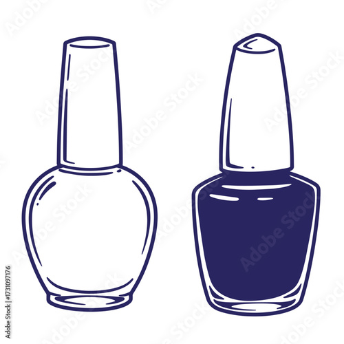 Hand drawn outline of nail polish bottles in blue and white colors for beauty concepts