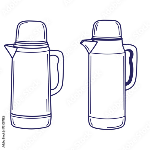 Hand-drawn illustration of two insulated thermos bottles in simple line art style