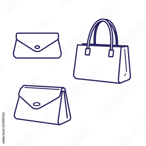 Outlined illustration of various women's handbags and clutches for fashion and accessories