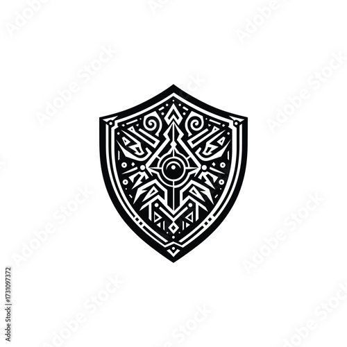 Intricate shield design with geometric patterns and symbols