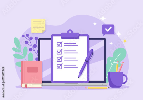 A clipboard displaying a checklist for an online employment contract, featuring checkboxes to mark completed tasks, Online employment contract, Simple and minimalist flat Vector Illustration