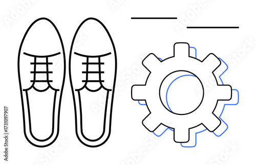 Pair of business shoes beside gear imagery combining productivity and self-improvement concepts. Ideal for career growth, strategy, teamwork, leadership, innovation, problem-solving, simple flat