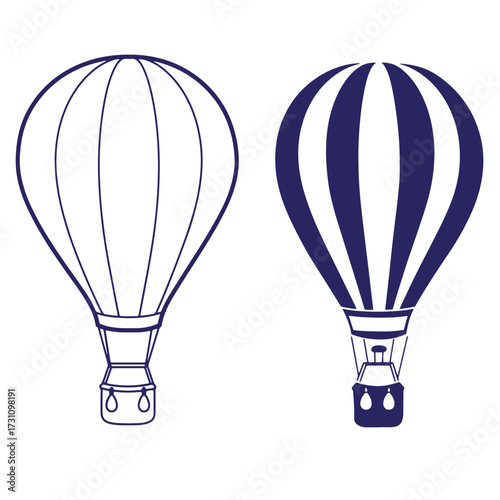 Two decorative hot air balloons in navy blue and white against a clean white background