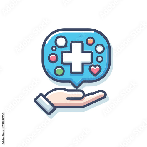 Hand holding a speech bubble with health symbols