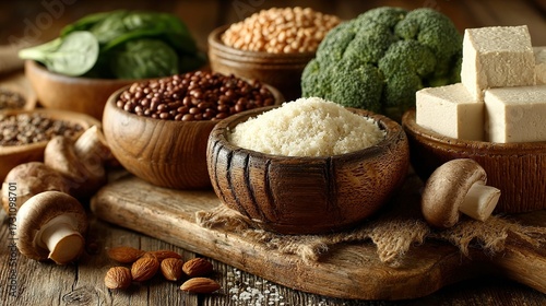 Various plant based protein sources in wooden bowls and on a wooden board.