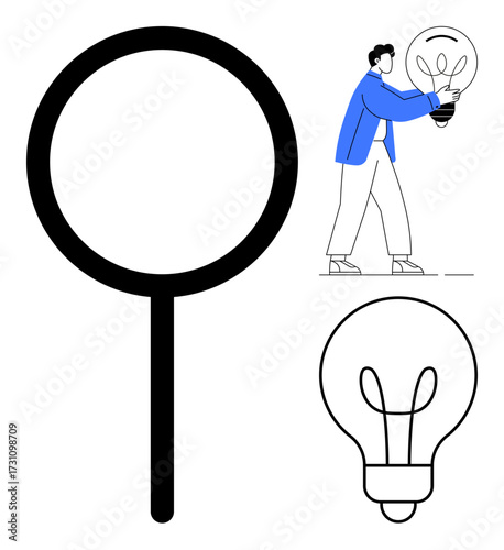 Oversized magnifying glass, man carrying giant light bulb symbolizing idea generation, innovation, clarity. Ideal for research, learning, creativity, problem solving, solutions focus discovery