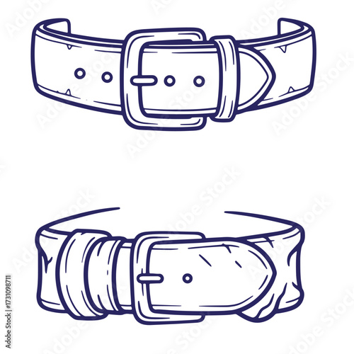 Two hand drawn black and white vector illustrations of leather belts with buckles