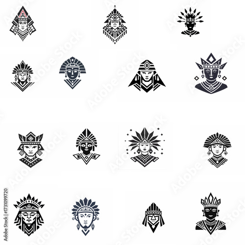 Set of vector black and white human face icons, Aztec, Inca, and Maya style, flat minimal design, geometric and stylized faces