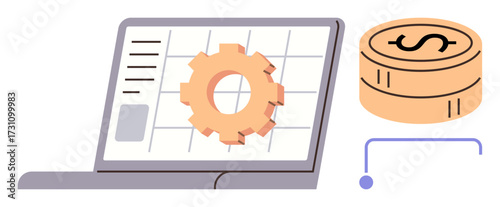 Laptop screen with gear icon on grid, stacked coins, connecting line. Ideal for fintech, digital transformation, financial planning, data analytics, cost management, process optimization simple flat