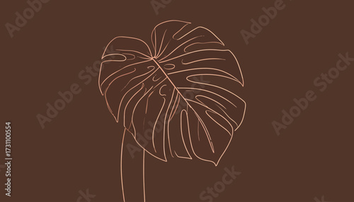 Line art illustration of a Monstera leaf on a brown background, showcasing its unique fenestrations and stem.