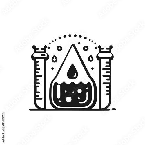 Laboratory scene with beakers and a droplet illustration