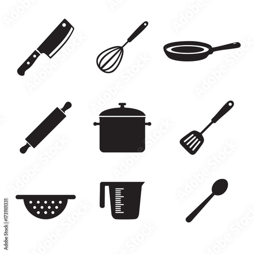 A cohesive set of black silhouette kitchen tool icons featuring knife, whisk, frying pan, rolling pin, pot, spatula, colander, measuring cup and spoon for versatile food prep visuals.