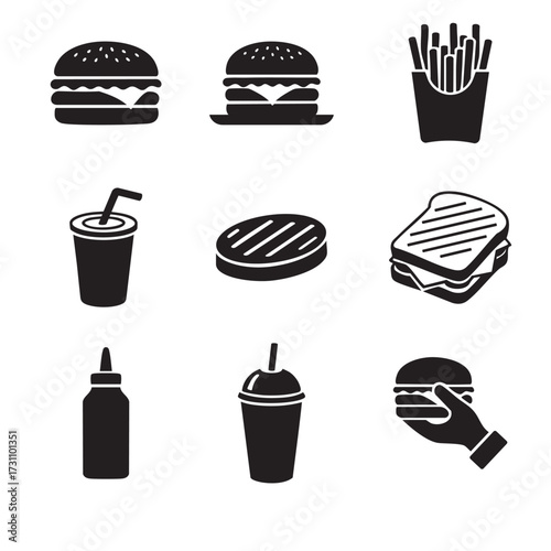 A collection of black and white fast food icons featuring burgers, fries, a sandwich, drinks, and sauces. Ideal for menus, apps, or branding focused on quick service and casual dining.