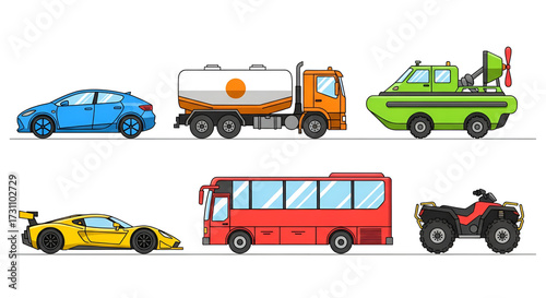 Wallpaper Mural A collection of colorful transportation vehicles including cars, a bus, a truck, and an ATV, illustrating diverse modes of transport Torontodigital.ca