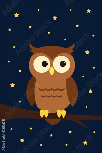 A flat vector illustration of a curious owl perched on a branch under a starry night sky