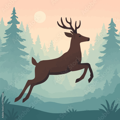A flat vector illustration of a leaping deer in a misty forest clearing at dawn