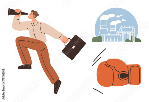 Man with briefcase and telescope representing opportunity seeking, industrial structures indicating industry, boxing glove illustrating competition. Ideal for leadership, business growth, industry