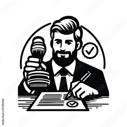 Man in Suit Signing Document with Stamp in Hand