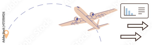 Airplane flying along dotted trajectory toward location marker with data chart and directional arrows. Ideal for travel, logistics, aviation planning, transportation, navigation, data presentation