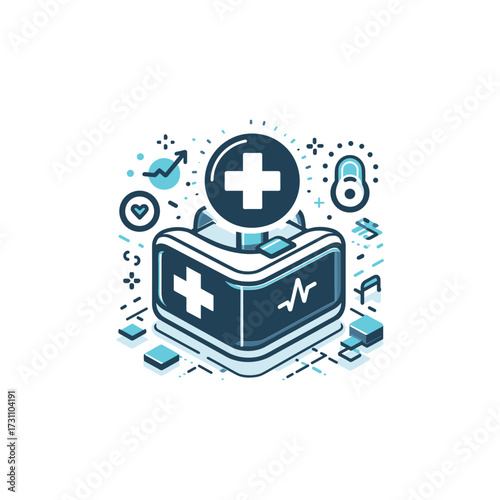 Medical first aid kit with health icons and symbols
