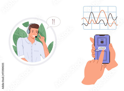 Male support agent with a headset, graph indicating data trends, hand unlocking smartphone. Ideal for customer service, data interpretation, technology, security, business communication, user