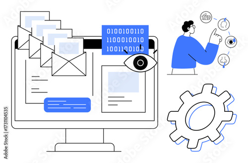 Computer screen with emails, binary data, and security symbols. Man analyzing processes and gear for settings. Ideal for cybersecurity, data protection, analytics, IT, technology communication