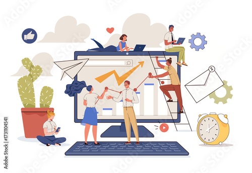 Illustration of a Group of People Analyzing Charts and Graphs with Computer Monitor and Decorative Elements
