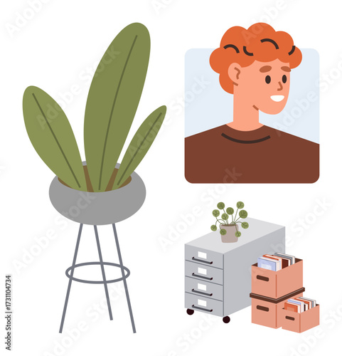 Person portrait, leafy tall plant, filing cabinet with small desk plant, and boxed books. Ideal for remote work, home office, productivity, minimalism, digital identity organization eco-friendly