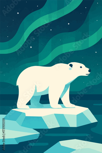 A flat vector illustration of a polar bear standing on an icy glacier under the northern lights