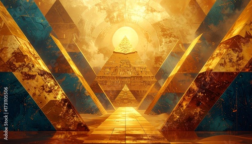 Golden Egyptian Pyramids and Hieroglyphs in a Surreal, Abstract Landscape