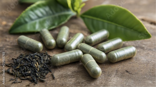 Green herbal capsules and loose tea leaves on wooden surface with fresh leaves in natural setting