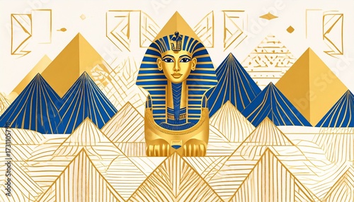 Golden Tutankhamun Mask and Pyramids in a Modern Stylized Egyptian Illustration