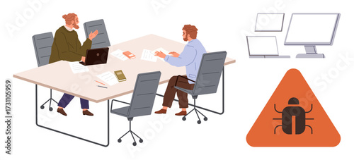 Two professionals collaborating on software bug fixes at a table, monitors nearby, triangle bug warning. Ideal for teamwork, problem-solving, IT, coding, collaboration, debugging simple flat