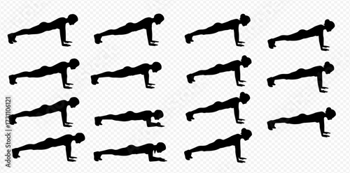 A grid of sixteen black silhouettes depicting a person holding a high plank fitness exercise.