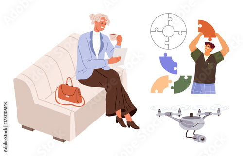 Elderly woman relaxing with coffee and tablet on sofa, young man assembling puzzle pieces, quadcopter hovering. Ideal for teamwork, technology, leisure, innovation, hobbies, balance connection simple